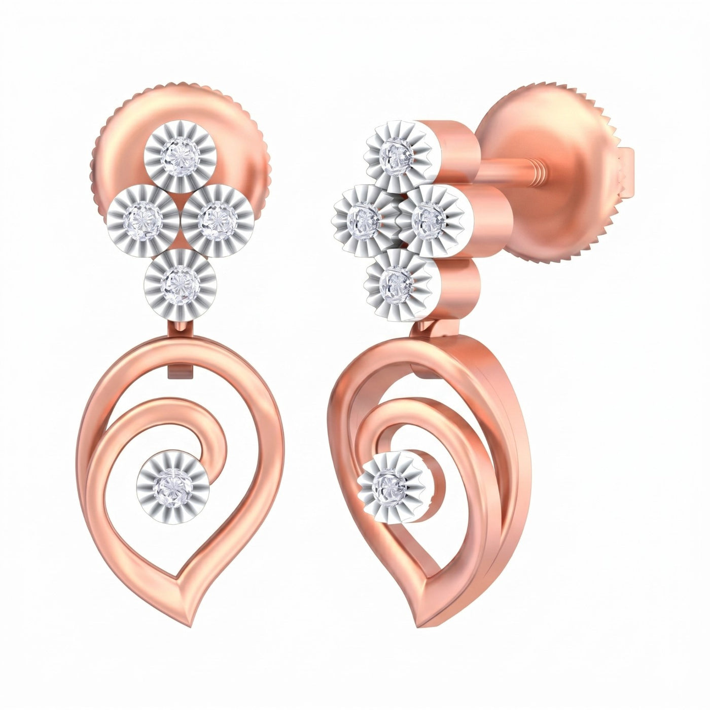 Rose gold and diamond drop earrings on a white background.