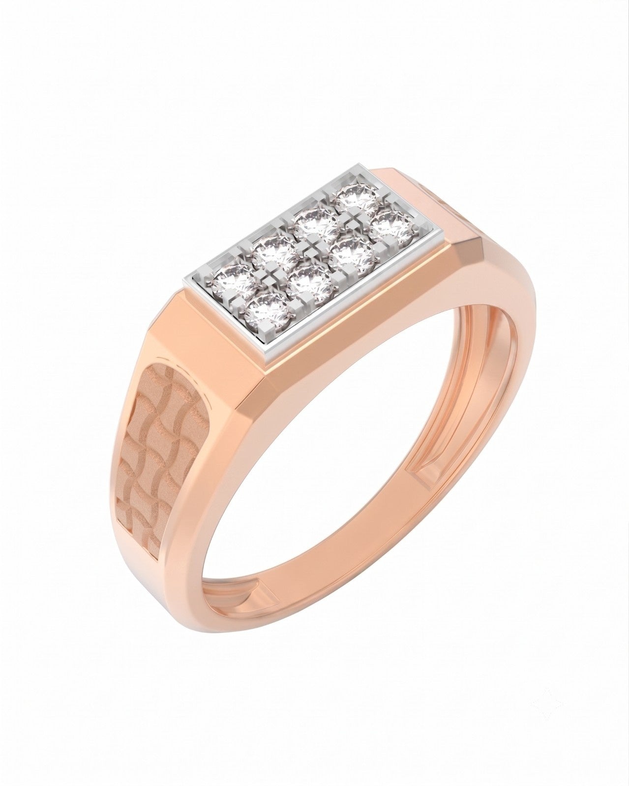 A men's signet ring in rose gold with a diamond rectangular, shown on a plain white background.