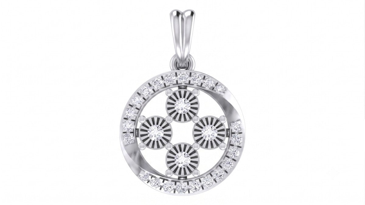 White gold and diamond circular design pendant on white background