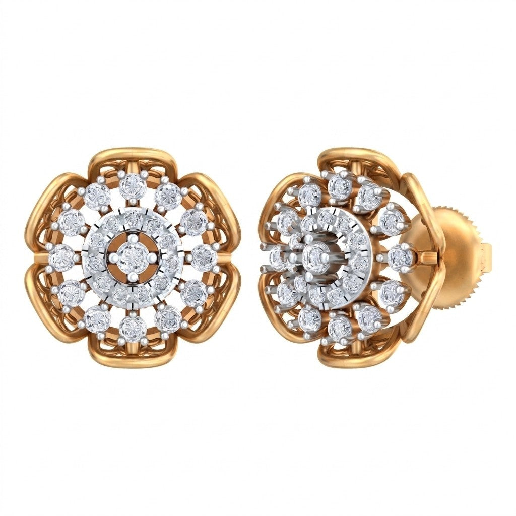 A pair of two-tone yellow gold and diamond floral stud earrings on a plain white background