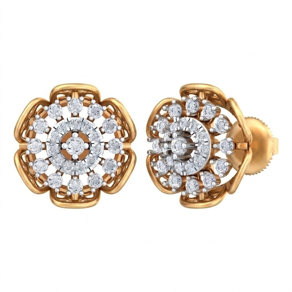 A pair of yellow gold stud earrings with intricate floral designs, shown from both front and side angles on a white background.