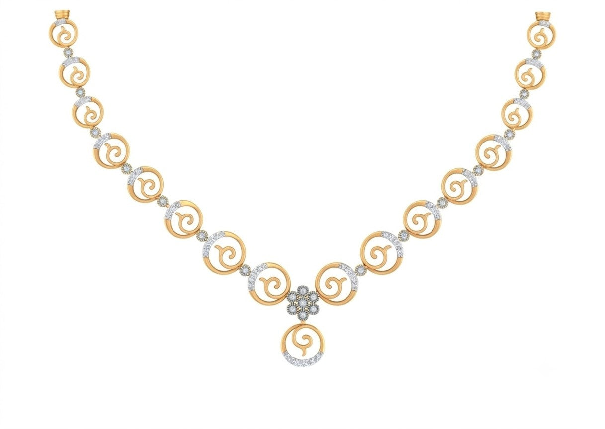 A yellow gold and diamond necklace featuring repeating circular motifs and a central flower-like cluster, displayed on a clean white background.