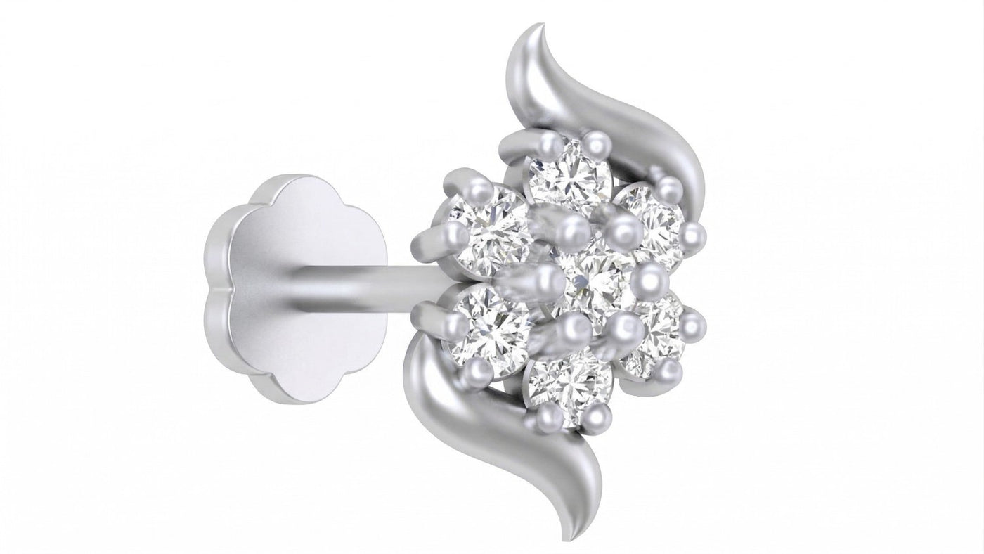 white gold and diamond stud nose pin with floral design on a white background