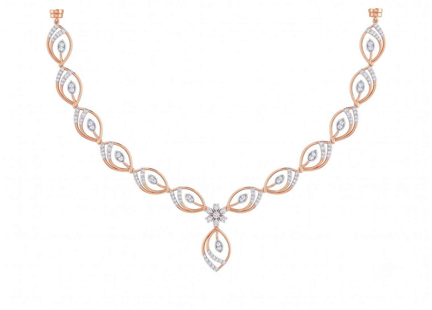 Rose gold and diamond necklace, featuring a central floral starburst, shown on a plain white background.