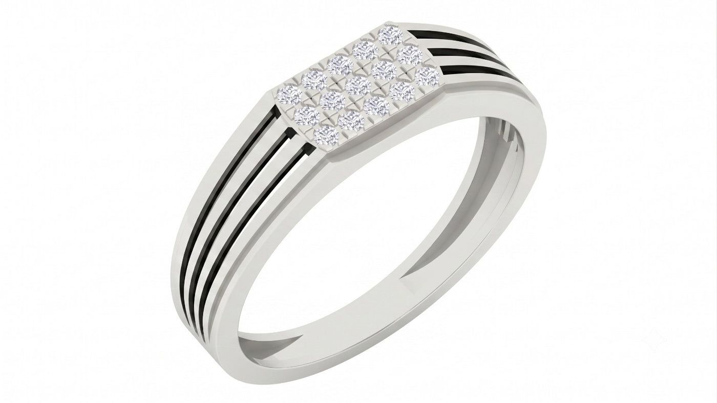 White gold and diamond band ring for men with diamond cluster on a white  background.