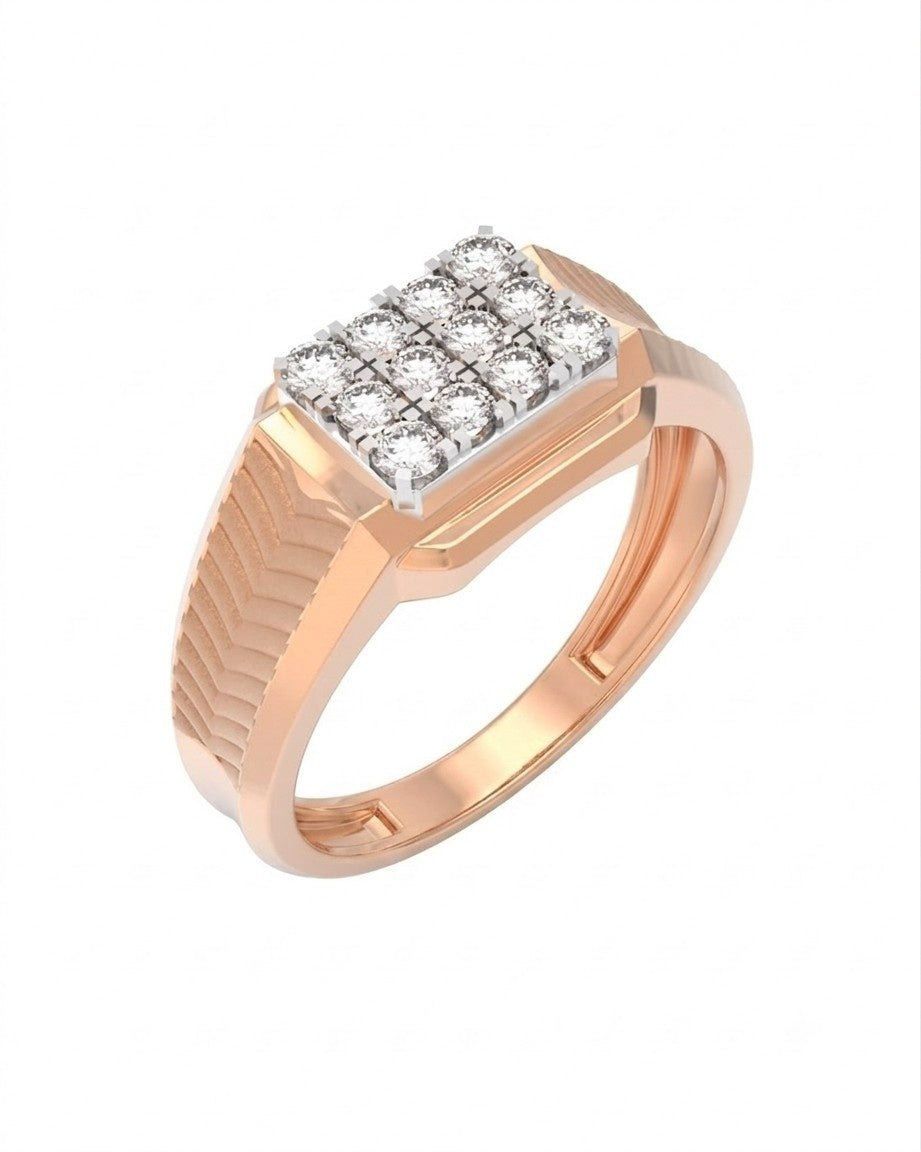 A rose gold ring with a rectangular pavé diamond setting on a white background.
