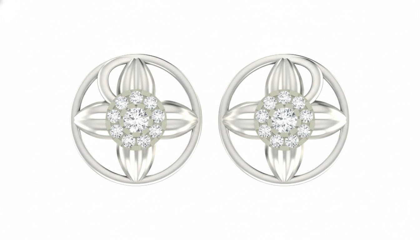 White gold and diamond round-shaped stud earrings on a white background