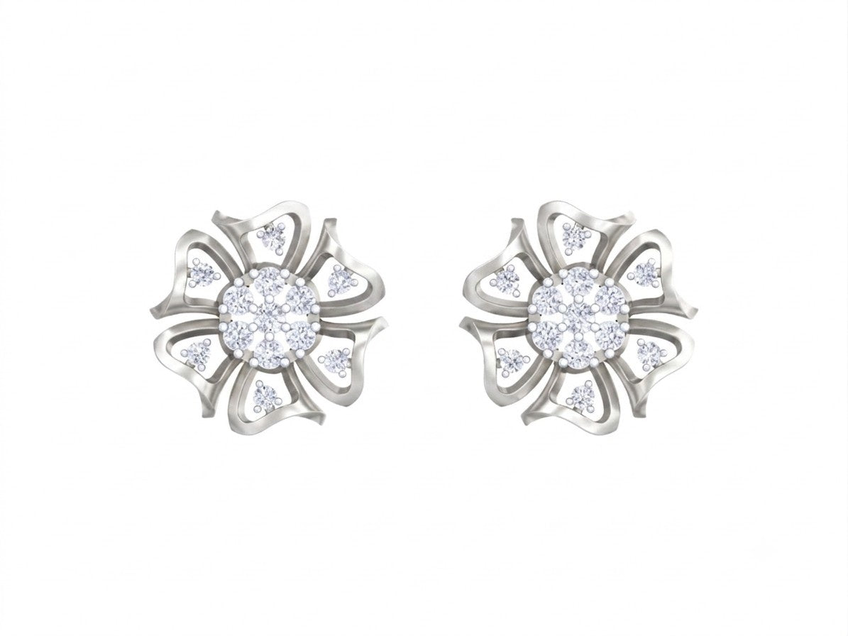 A pair of white gold flower-shaped stud earrings, shown on a plain white background.