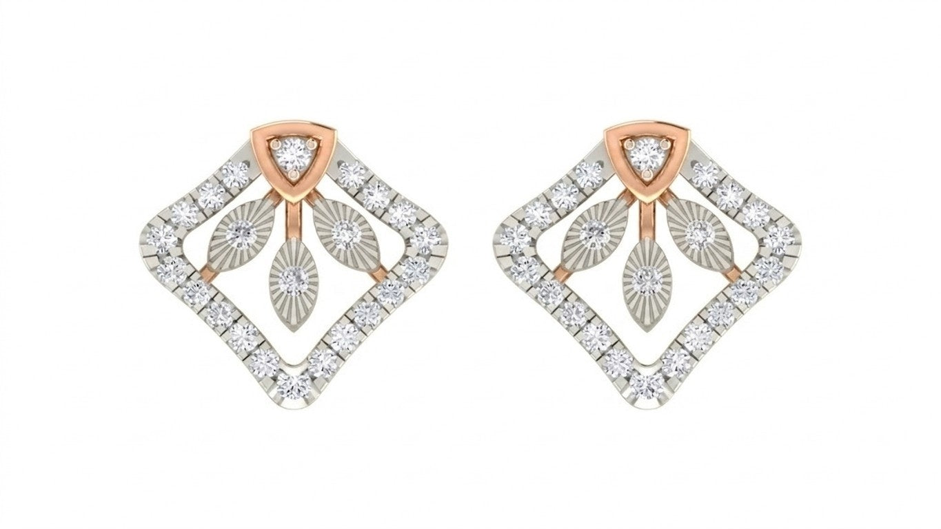 Pair of diamond earrings with rose gold and diamond design on a white background.