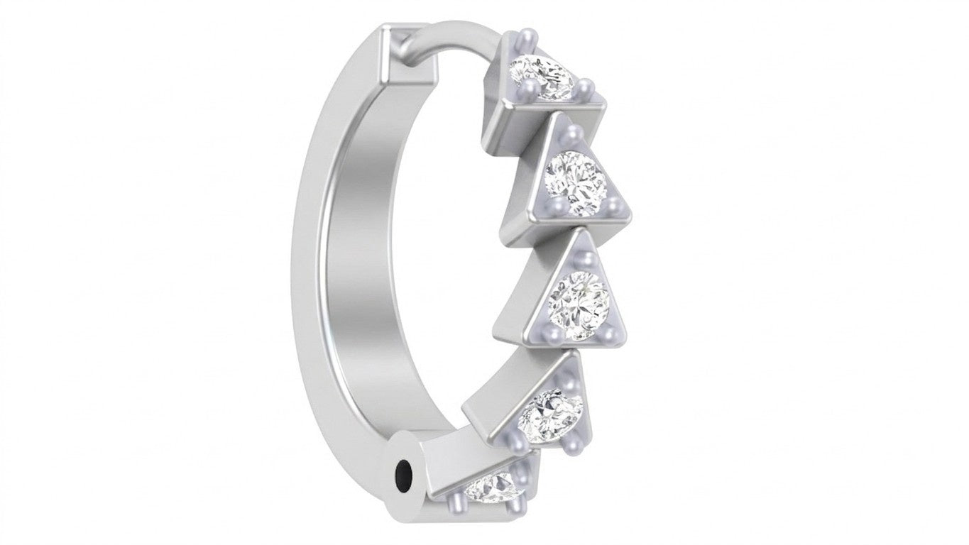 white gold and diamond nose ring with triangular gemstones on a white background