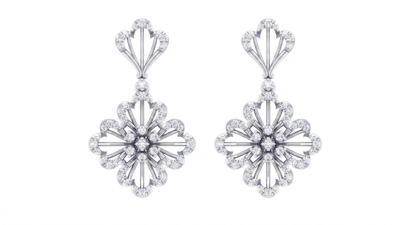 White gold and diamond snowflake-shaped earrings on a white background
