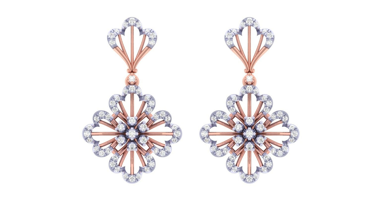 Rose gold and diamond floral-shaped earrings on a white background