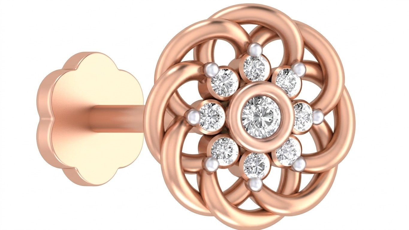 Elegant floral rose gold and diamond nose pin featuring sparkling diamonds in an intricate circular design.