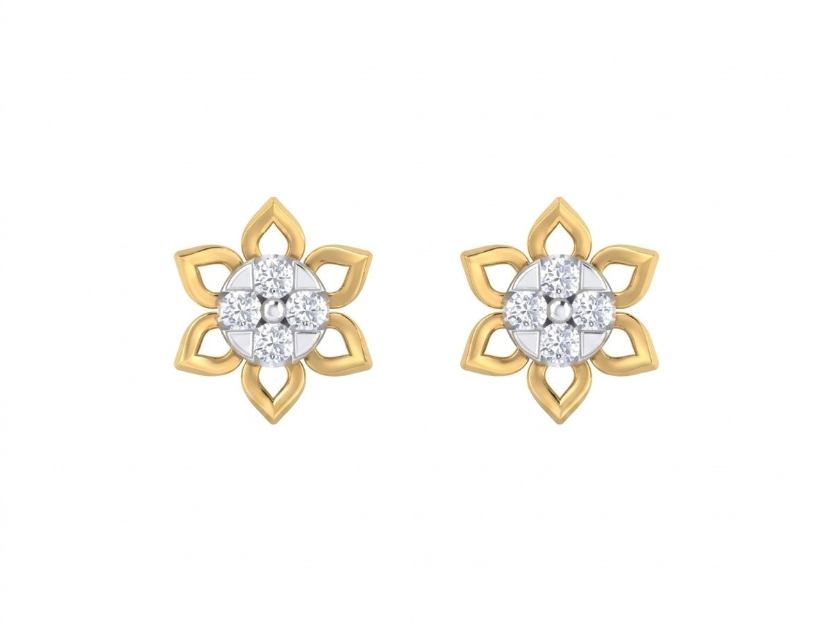 Yellow gold and diamond floral earrings on a white background.