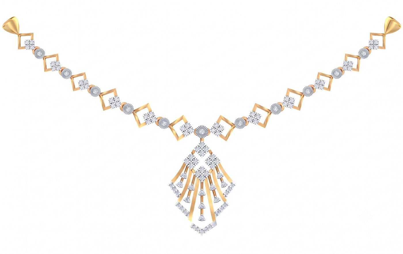 A yellow gold and diamond necklace with a geometric style, displayed on a solid white background.