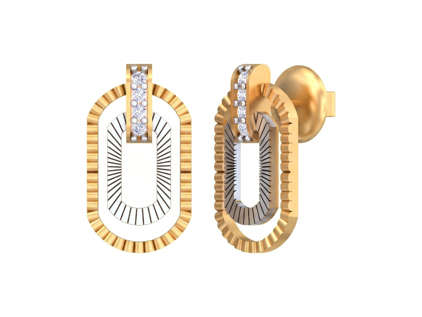 Yellow gold and diamond stud  earrings with a geometric design on a white background