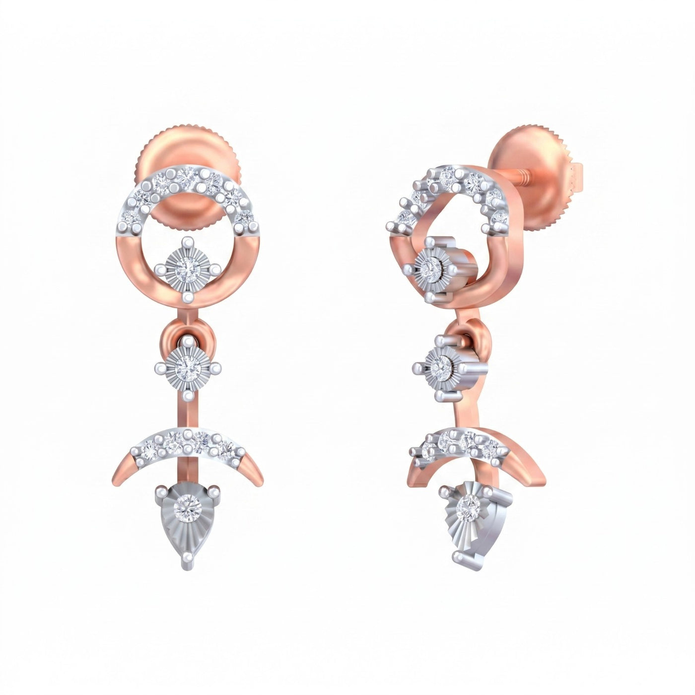 Rose gold and diamond drop stud earrings on a white background