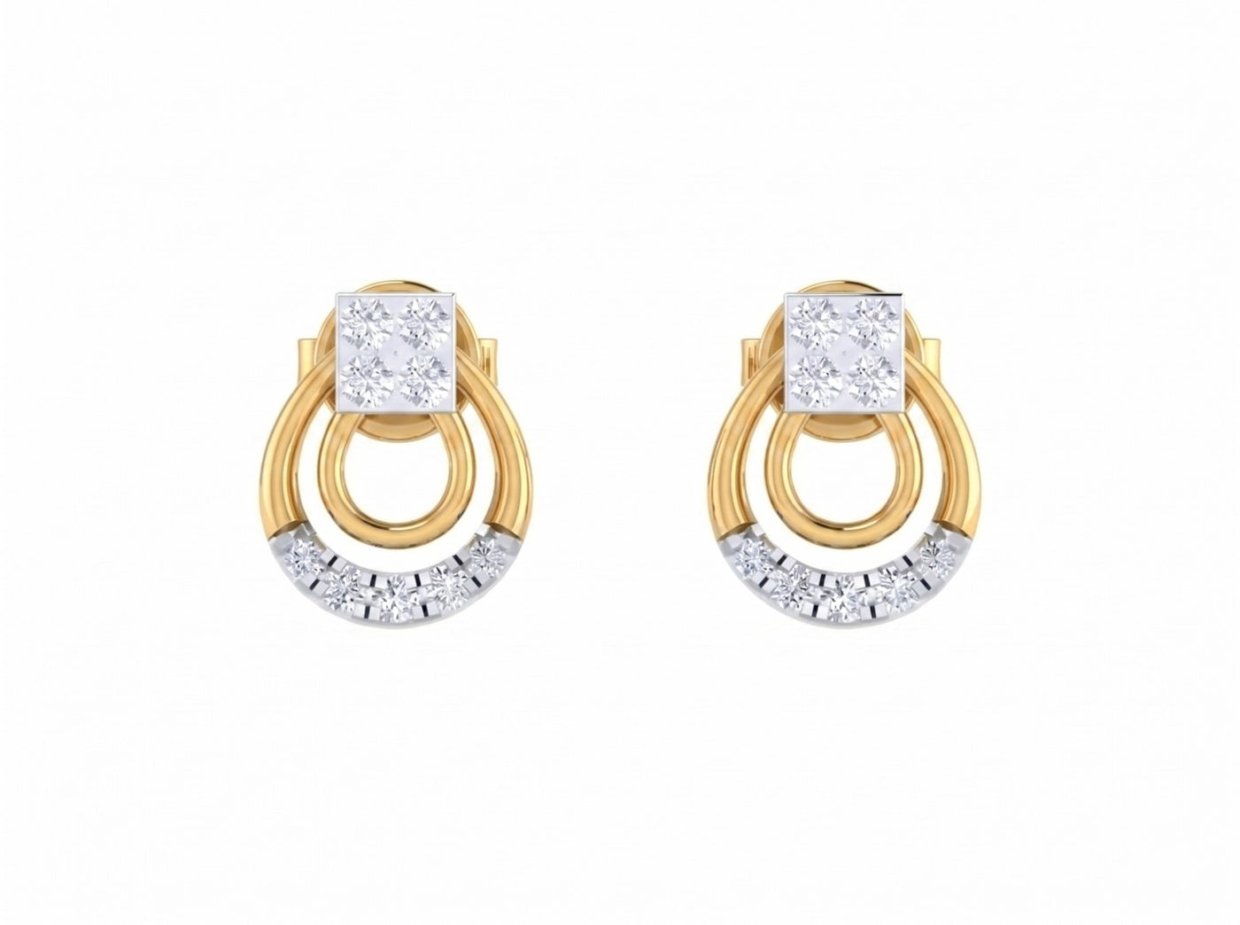 Yellow gold and diamond stud earrings on a white background.