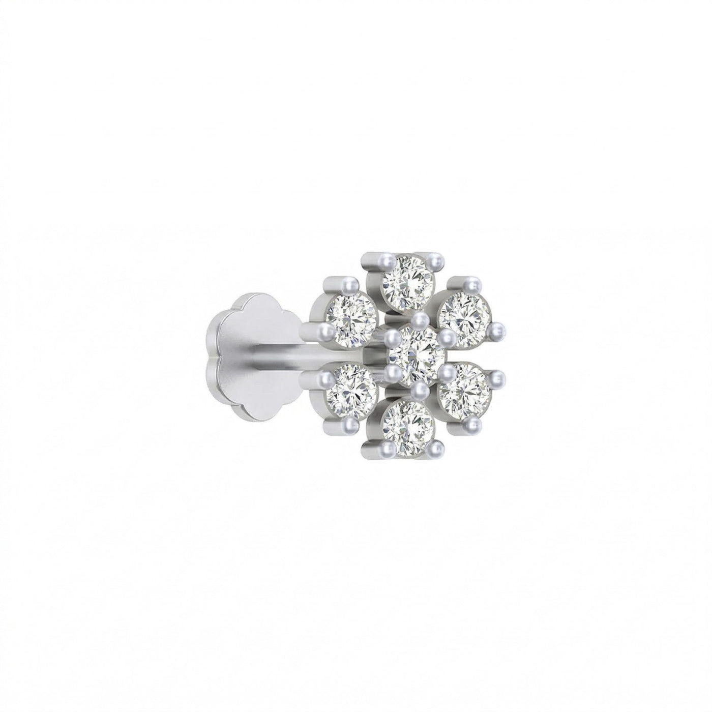 white gold and diamond stud nose pin with diamonds on a white background