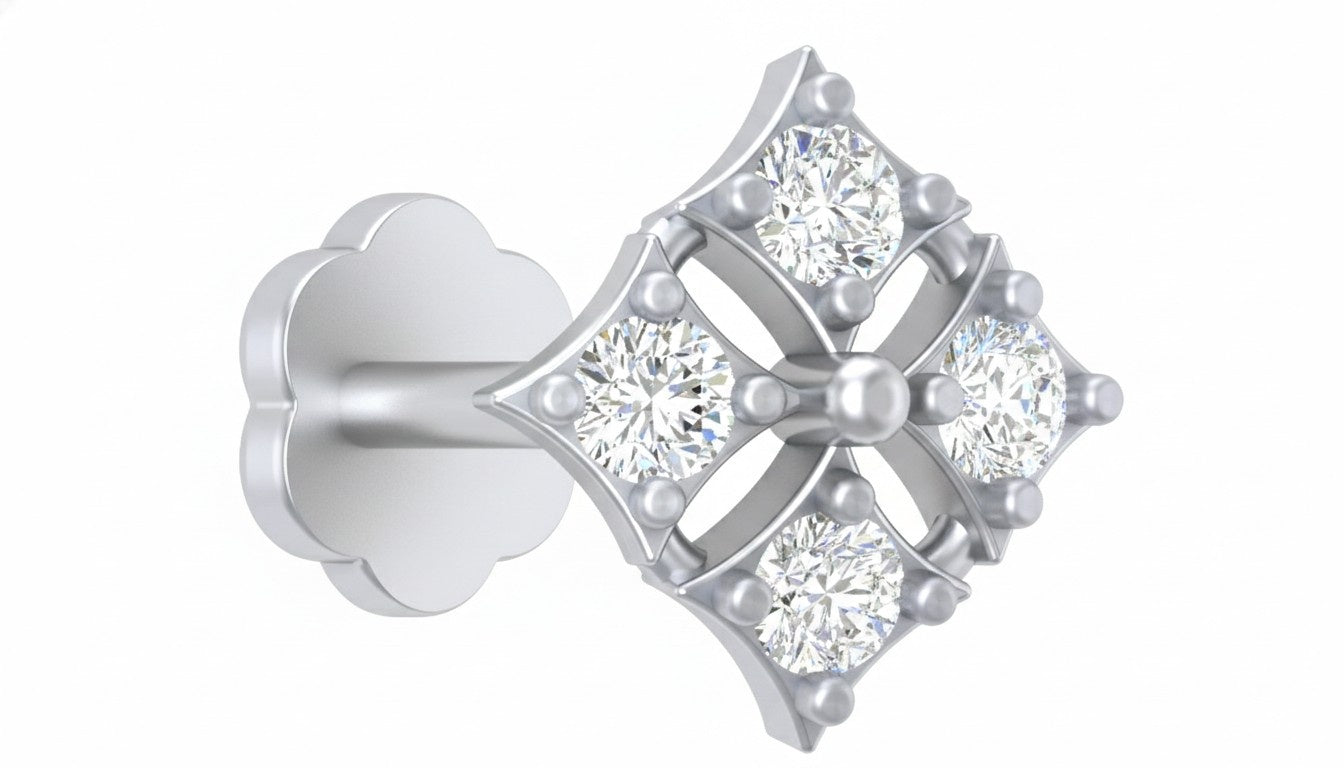 A White gold and diamond stud nose pin featuring a floral clover motif with round brilliant-cut diamonds and small accent pearls, shown on a plain white background.