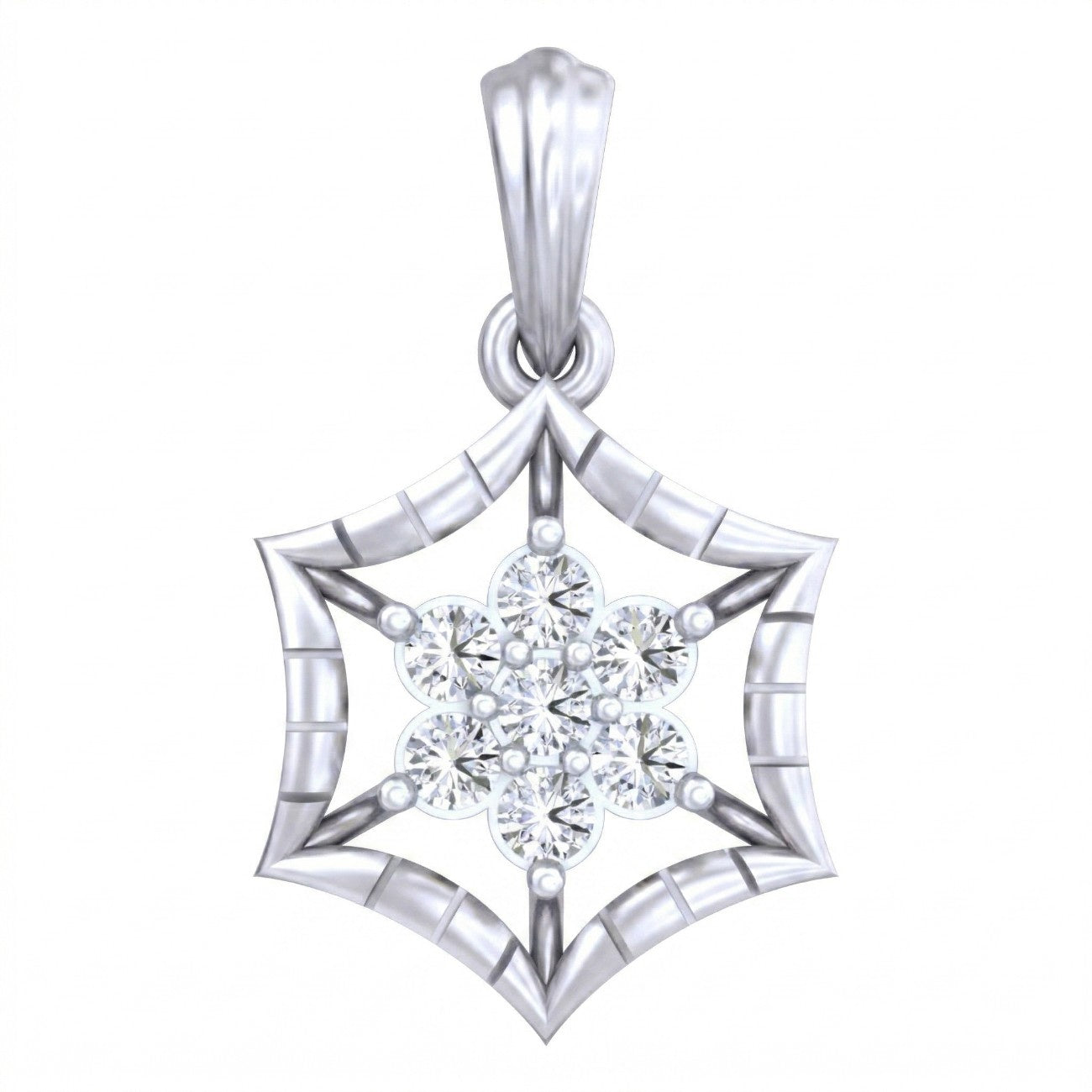 White gold and diamond floral pendant on white background