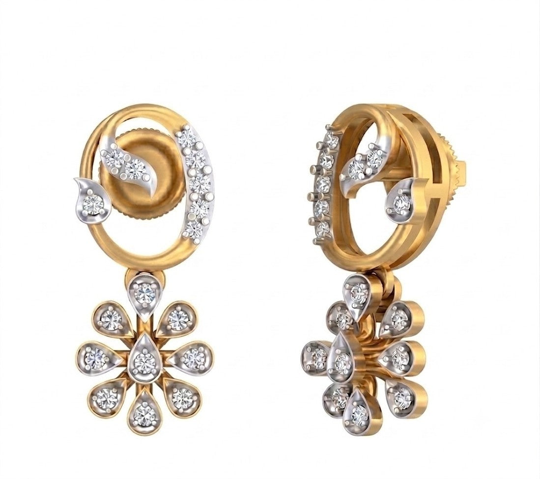 Yellow gold and diamond drop earrings with floral designs on a white background