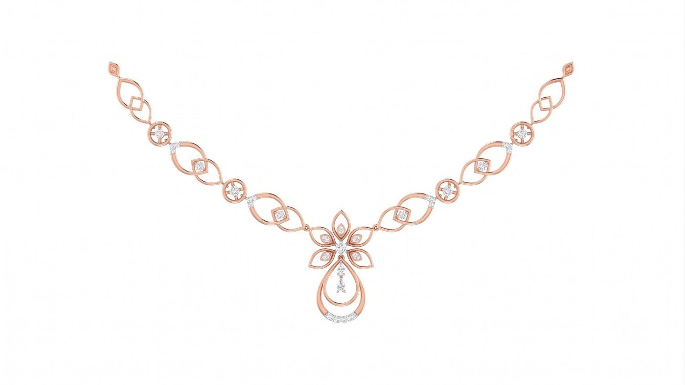 A rose gold  and diamond necklace with a central floral pendant, displayed on a solid white background.