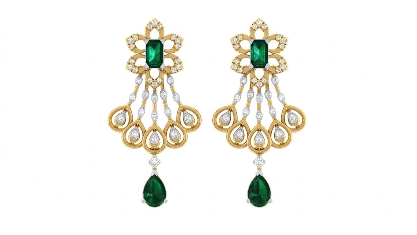 Pair of chandelier yellow gold earrings with green gemstones on a white background.