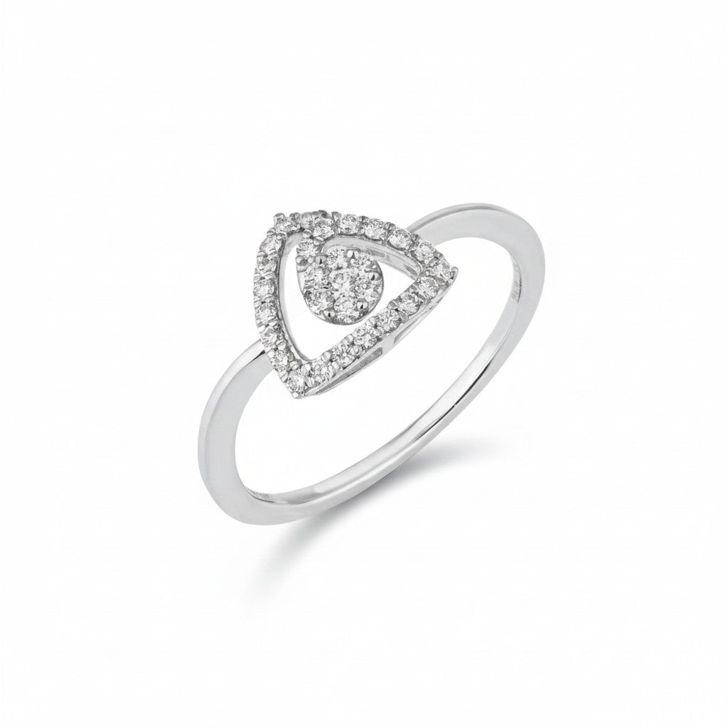 White gold ring with a heart-shaped diamond design on a white background