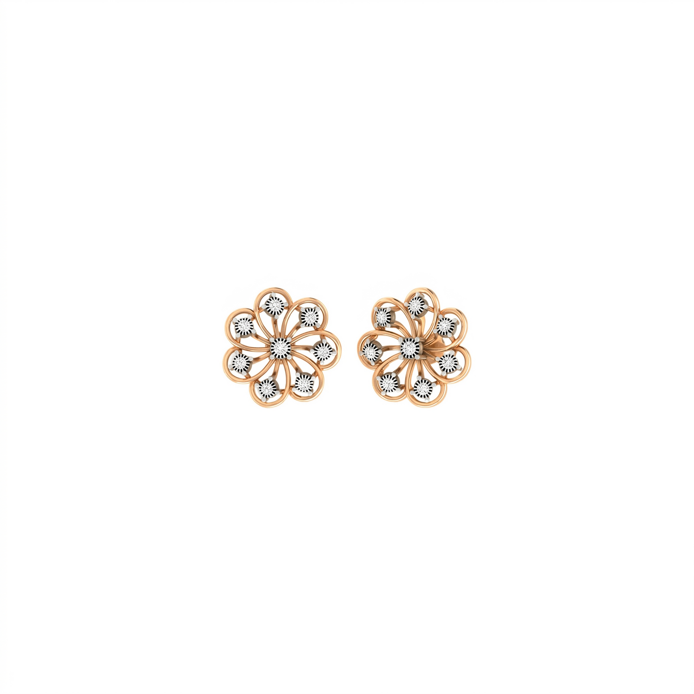 Pair of yellow gold floral earrings on a white background
