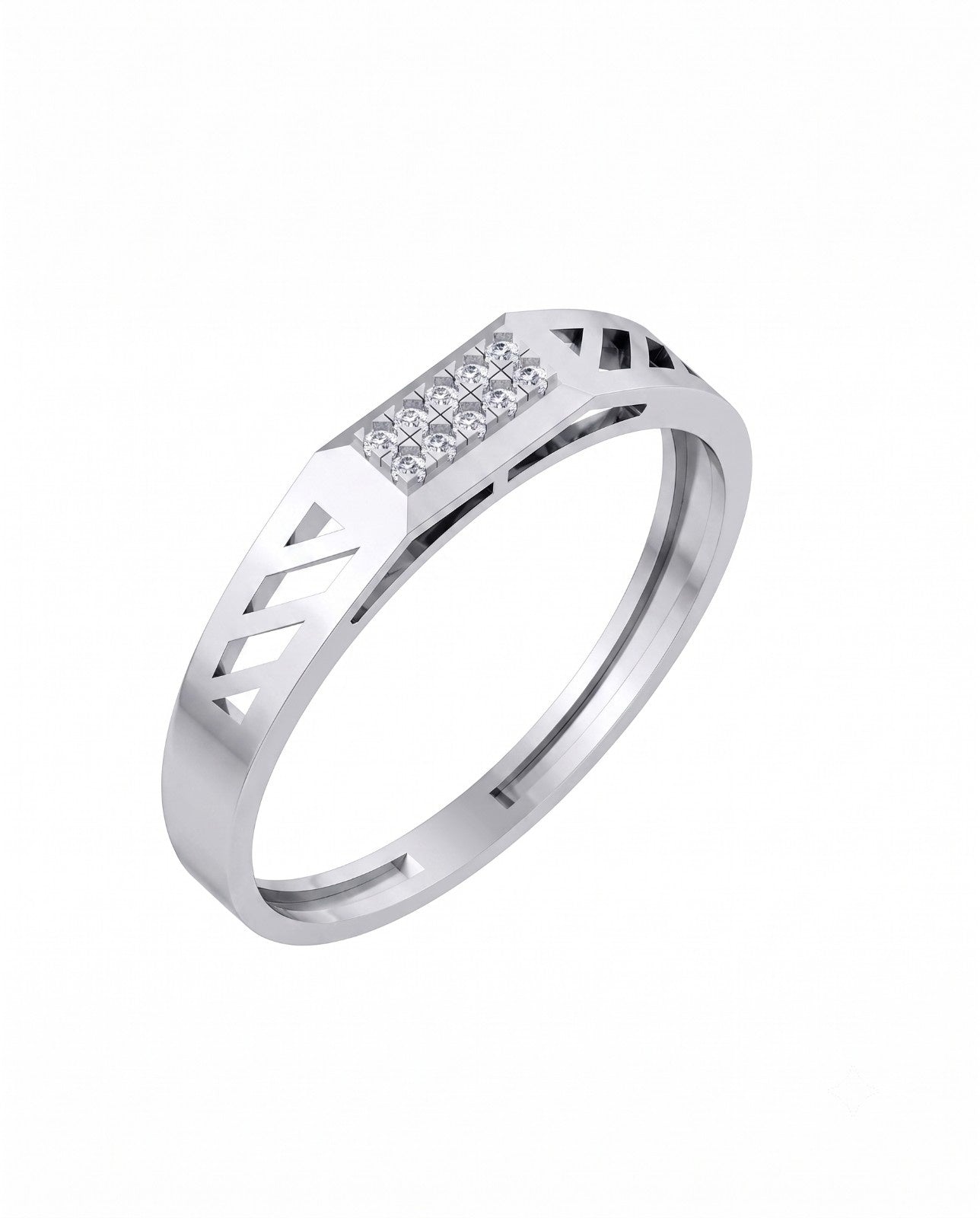 A white gold ring with a rectangular diamond center and geometric cutout details on the band, shown on a plain white background.