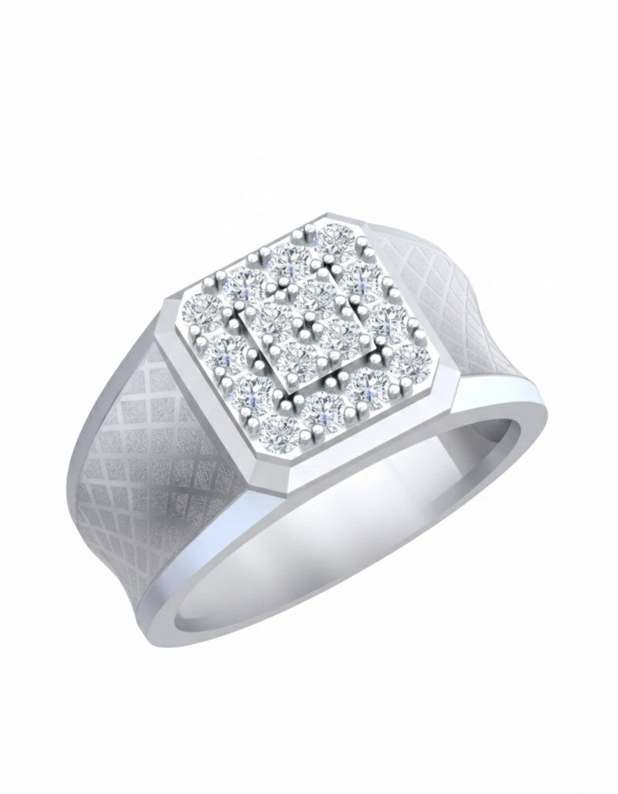 White gold ring with diamond accents on a white background