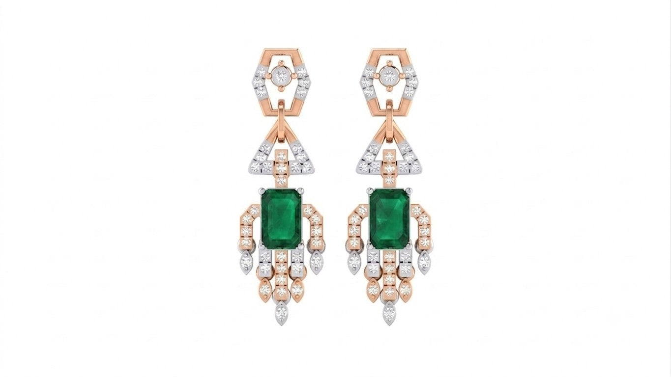 A pair of rose gold and diamond dangler earrings with rectangular green emerald-cut center stones, shown against a plain white background.