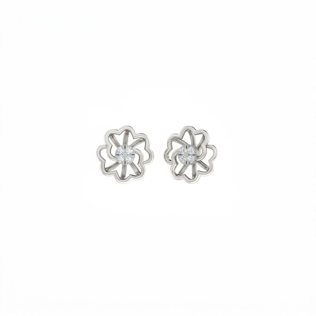 White gold and diamond floral stud earring on a white background.