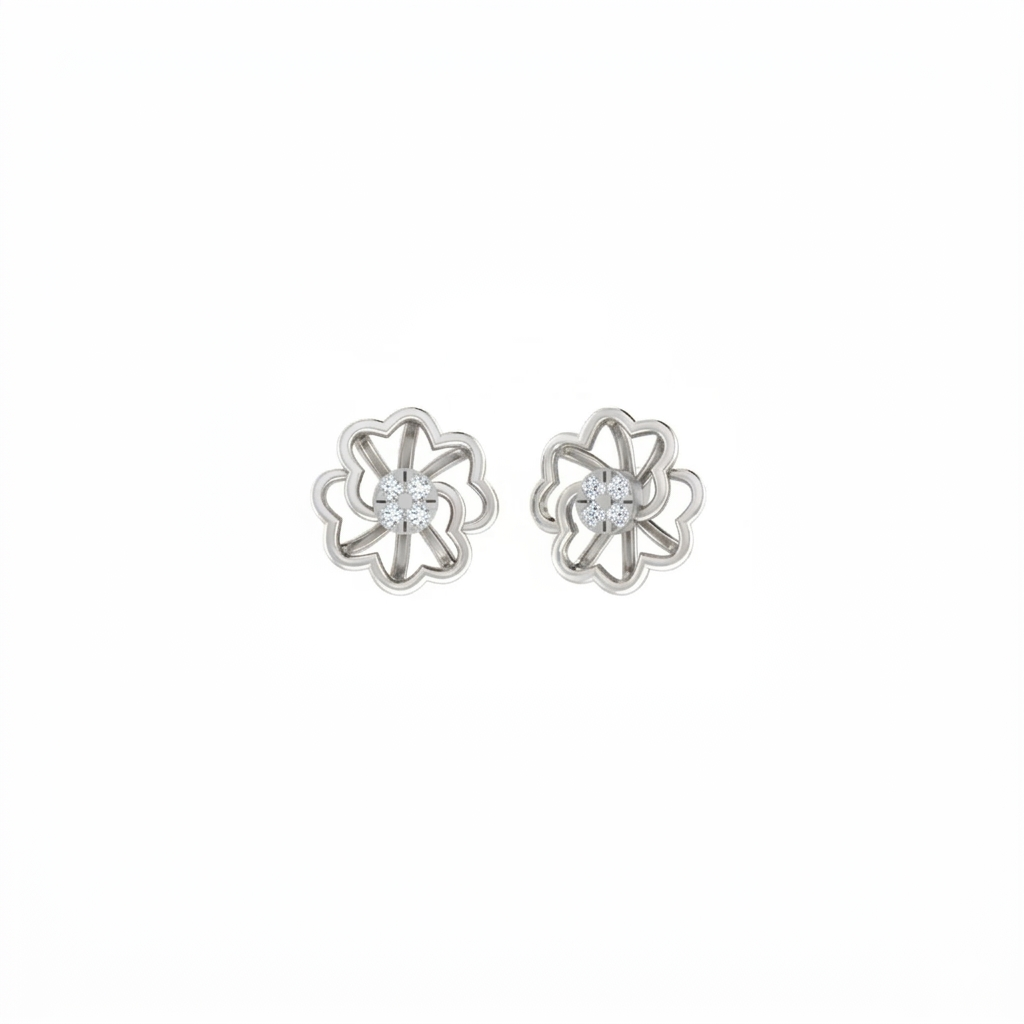 White gold and diamond floral stud earring on a white background.