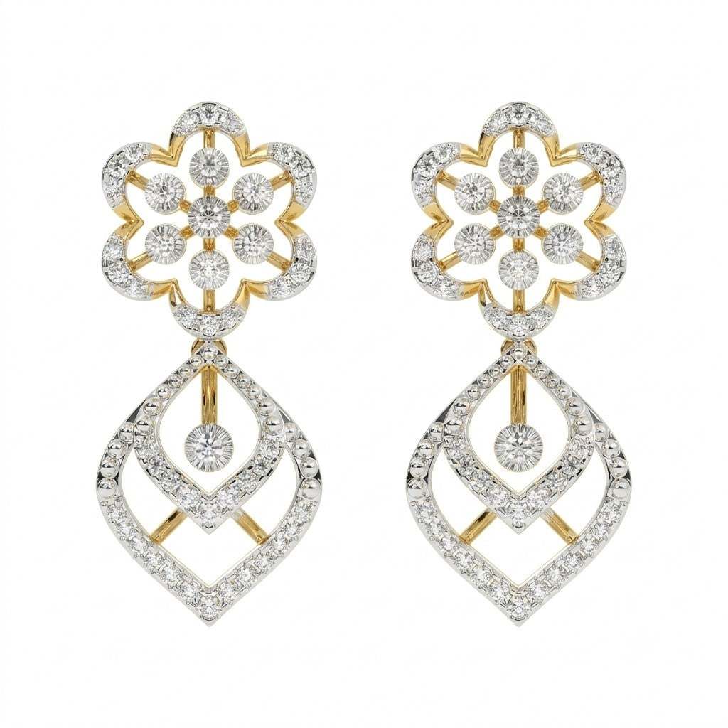 Pair of yellow gold and diamond dangler stud earrings on a white background