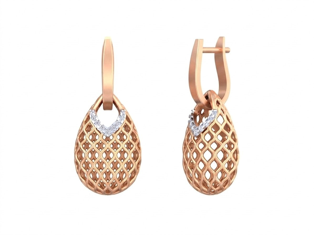 Rose gold hoop earrings with diamond accents on a white background

