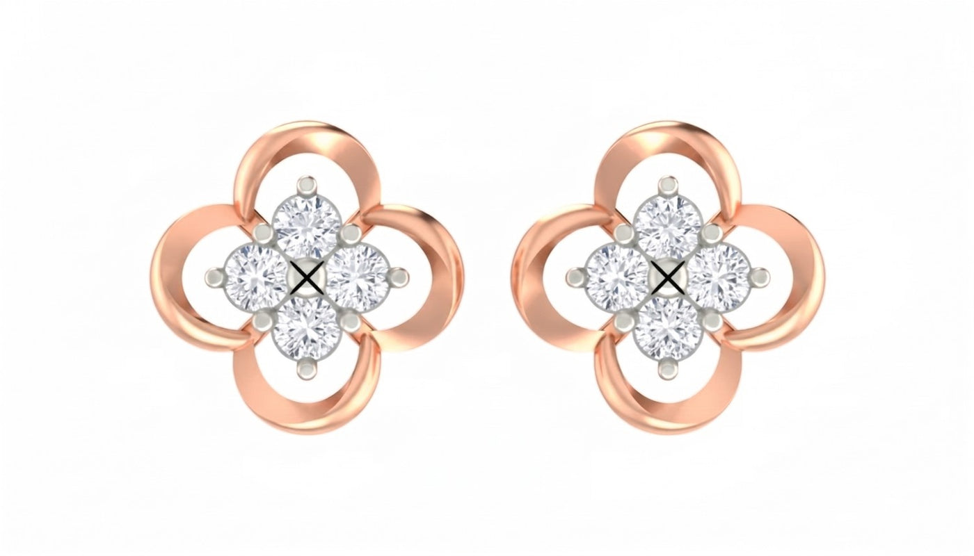 Rose gold abd diamond stud  earrings with floral-design stones on a white background