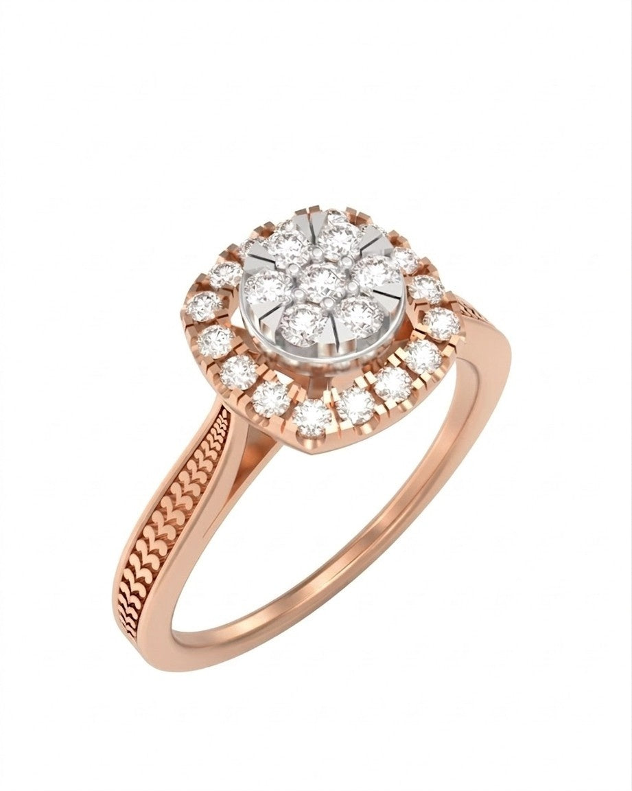 Rose gold ring with diamond halo on a white background