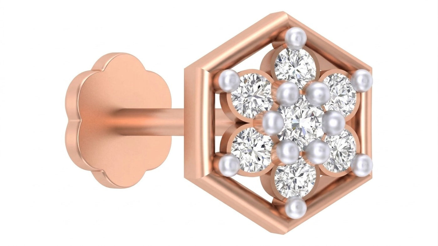 Hexagon-shaped rose gold and diamond nose pin featuring a floral diamond cluster with elegant sparkle.