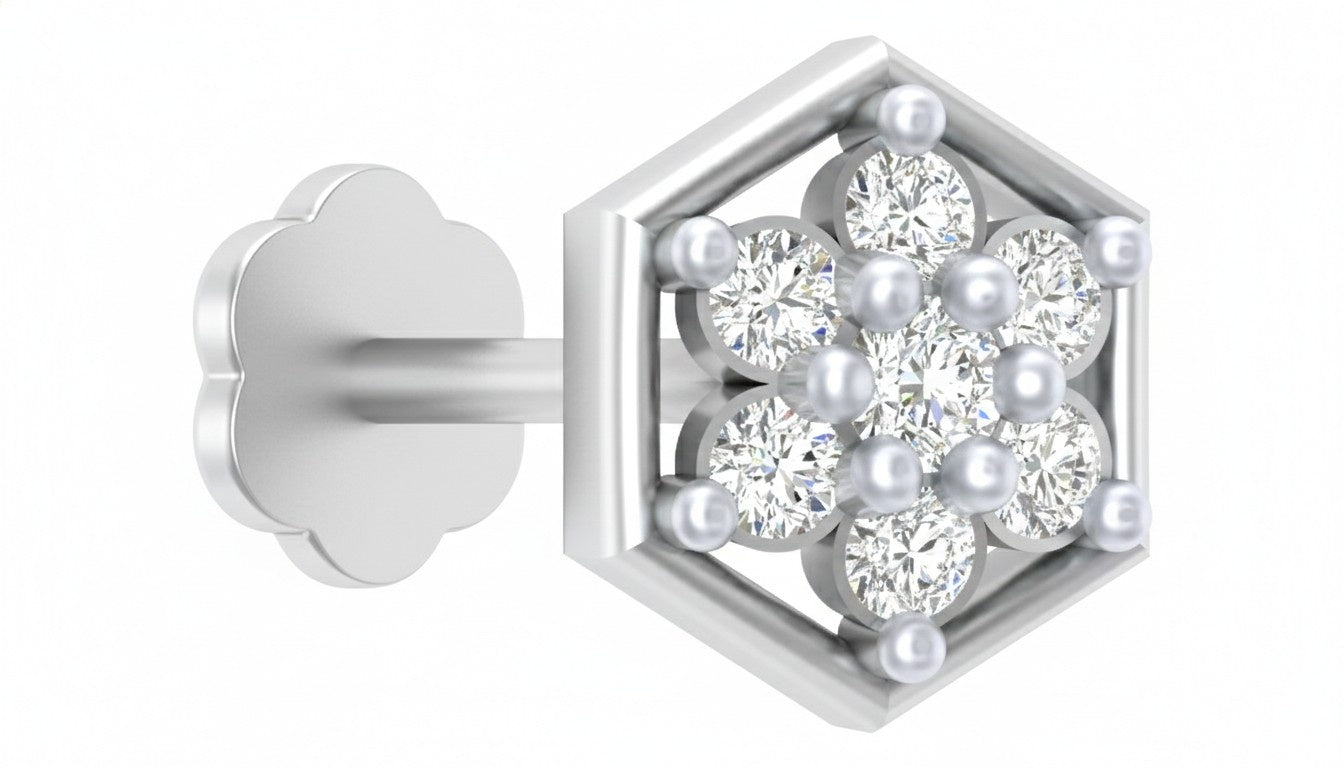 Hexagon-shaped white gold and diamond nose pin featuring a floral diamond cluster with elegant sparkle.