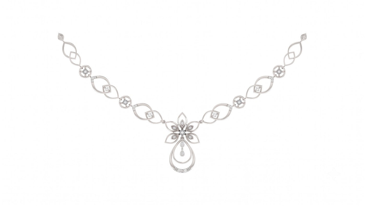 A white gold  and diamond necklace with a central floral pendant, displayed on a solid white background.