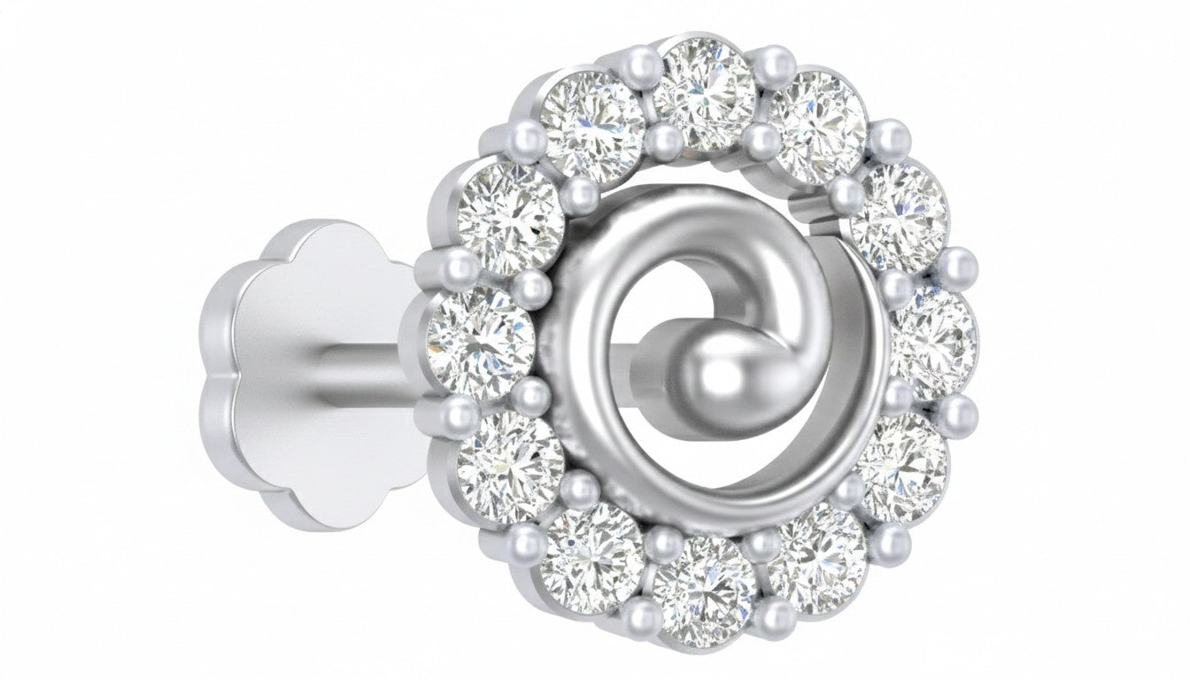 white gold and diamond stud nose pin on a white background
