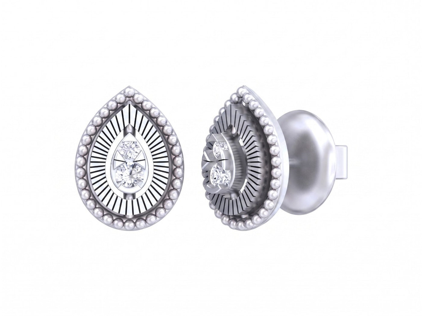 White gold and diamond teardrop-shaped stud earring on a white background.