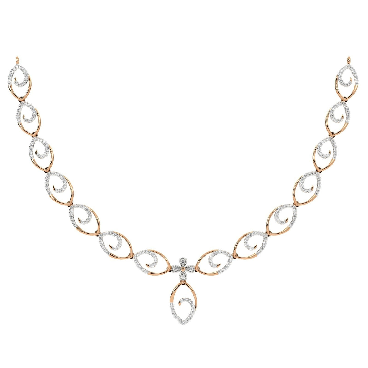 A rose gold and diamond necklace featuring a series of interlocking oval links, displayed on a clean white background.