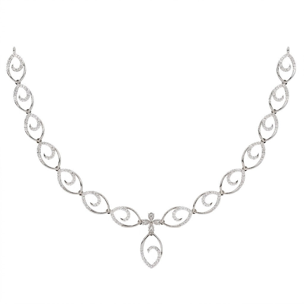 A white gold and diamond necklace featuring a series of interlocking oval links, displayed on a clean white background.