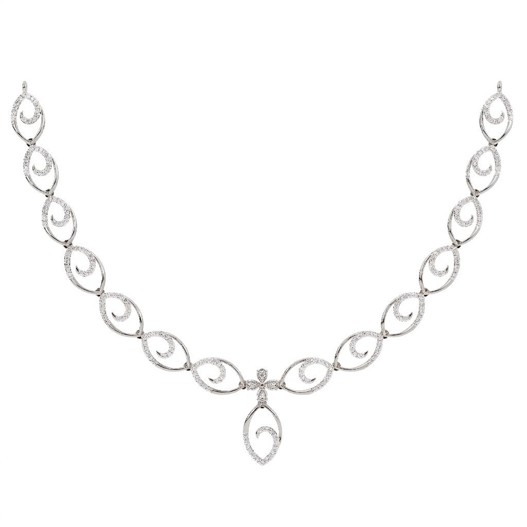 White gold necklace with intricate design on a white background