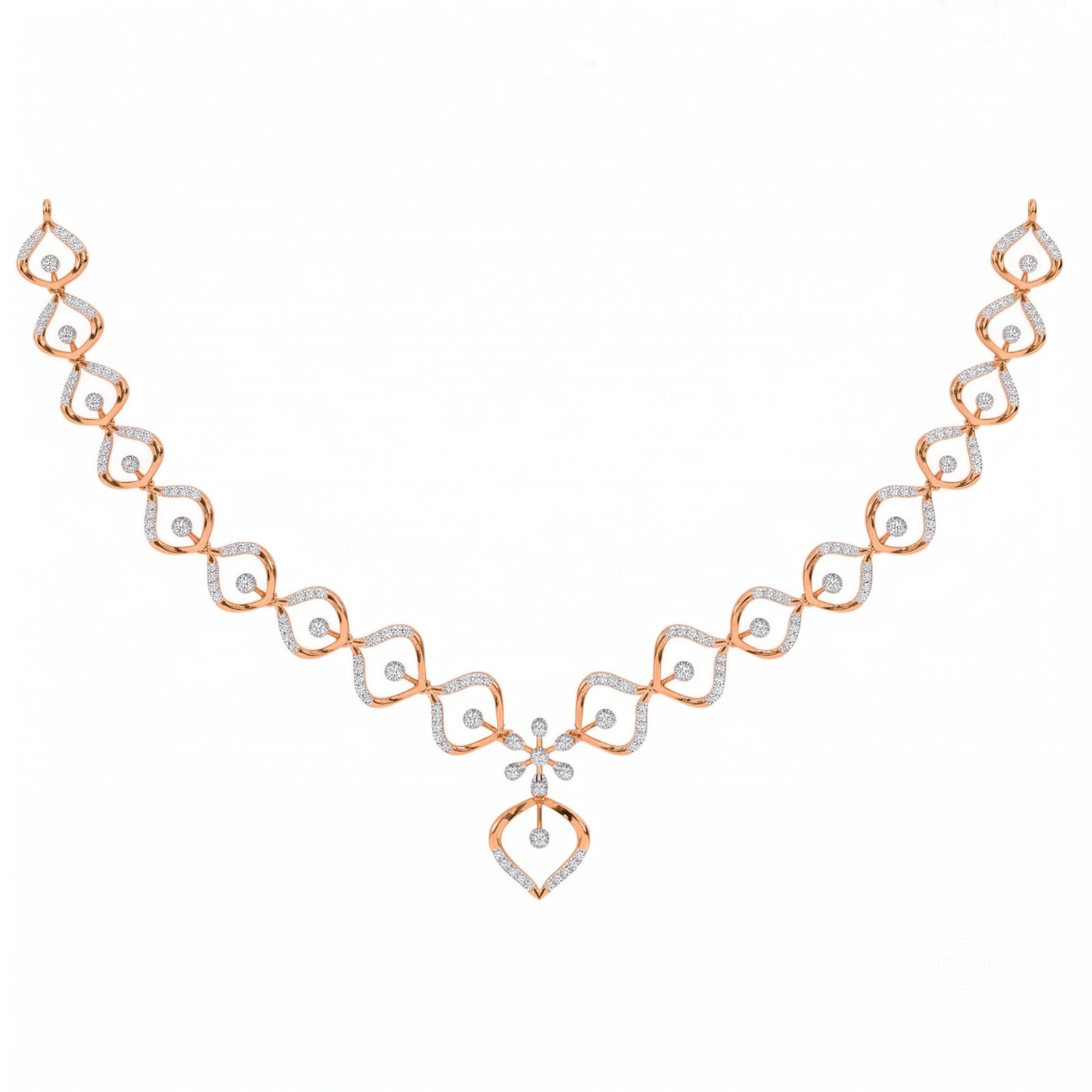 Rose gold and diamond necklace with a V-shaped and on a white background.