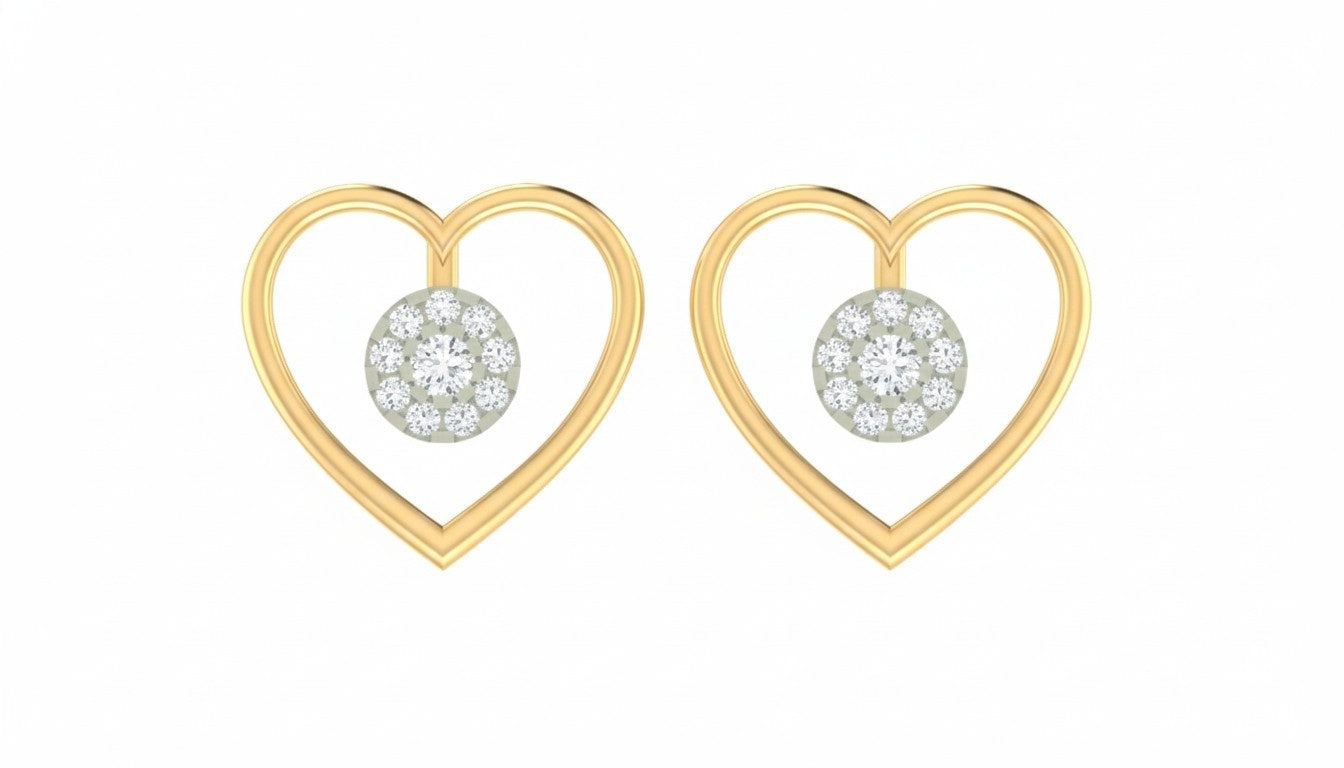 Heart-shaped earrings with yellow gold frames on a white background