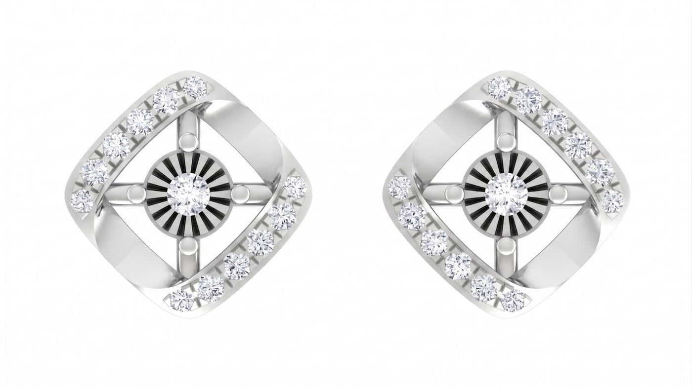 Pair of white gold earrings with diamond accents on a white background